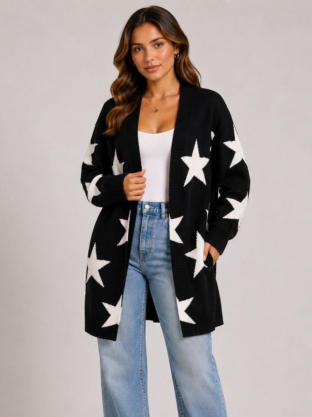MaxMara Weekend Cashmere Wool Silk Black & White Star Cardigan Sweater L